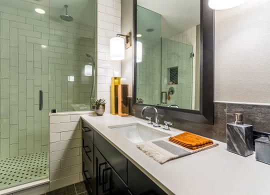 Large apartment bathroom with mirror
