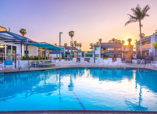 Pool View In Dusk at Beverly Plaza Apartments, Long Beach, CA, 90815