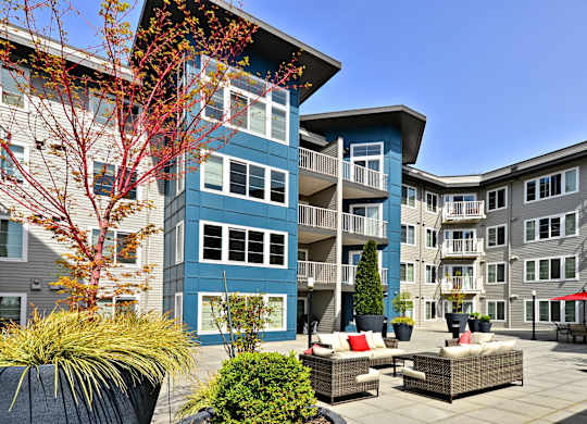 outside lounge area  at Harrington Square, Renton, WA, 98056