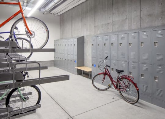 The Wilmore bike locker room with several bikes