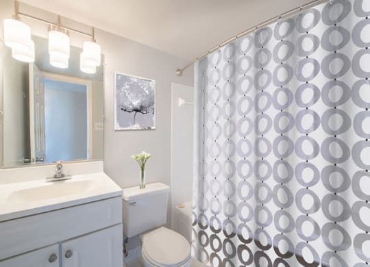 a white bathroom with a shower curtain and a sink at Avondale Overlook, Maryland, 20782