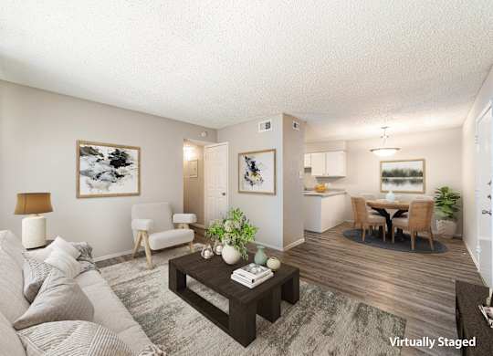 Living Room, Dining Room and Kitchen at City-Base Vista, San Antonio, Texas