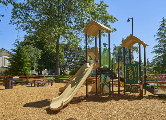 Playground with a large slide and climbing areas. Area completed with wood chips and surrounded with trees.at Woodhaven, Washington, 98203
