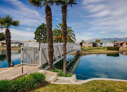 A bridge over a body of water with palm trees on either side.