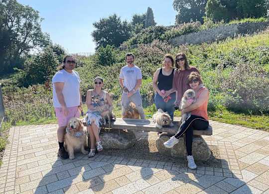 A group of people are sitting on a bench with two dogs. at Cherrywood Apartments, D18 VY3V