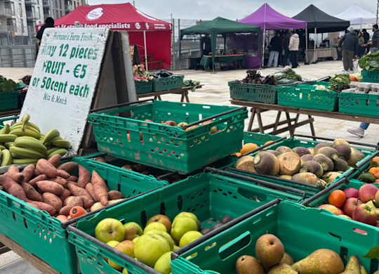 A fruit stand with a sign offering 12 pieces of fruit for 5 euros at Cherrywood Apartments, D18 VY3V, DUBLIN 18