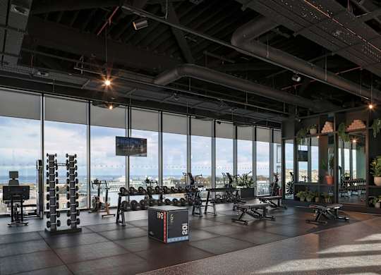 A gym with a view of the city at Cherrywood Apartments, D18 VY3V, DUBLIN 18