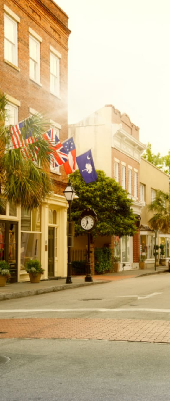 a city street with flags and a clock at Arbors at Windsor Lake, South Carolina, 29223