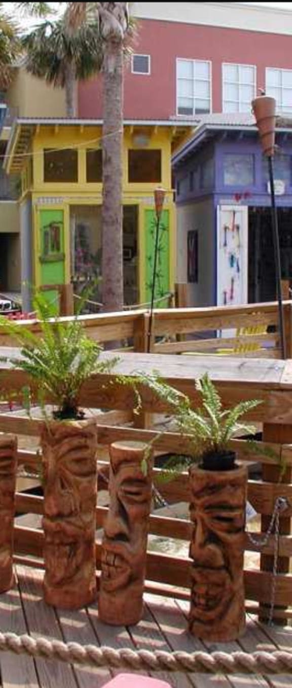 a group of potted plants sitting on a wooden bench