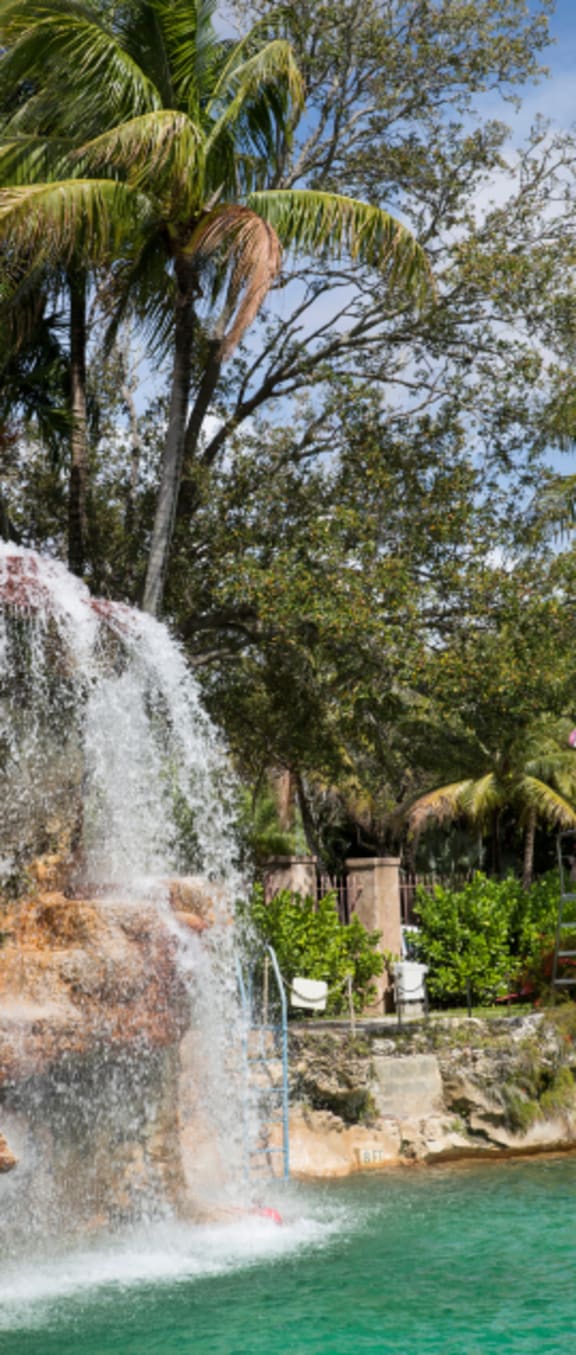 a large waterfall in a pond with a palm tree