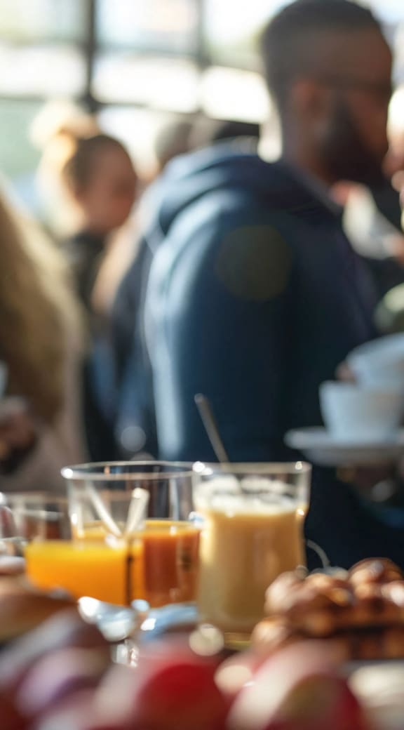 people at a brunch table with food and drinks