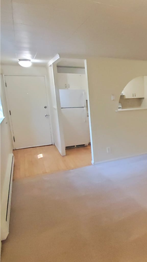 A white door is open to a kitchen area.