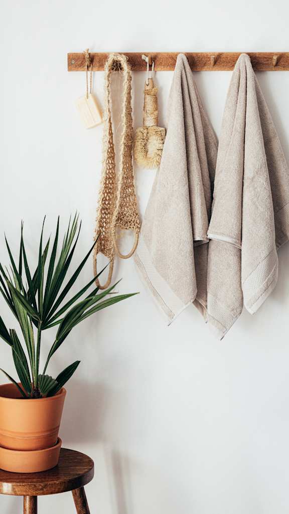 A potted plant sits on a stool next to a towel rack.