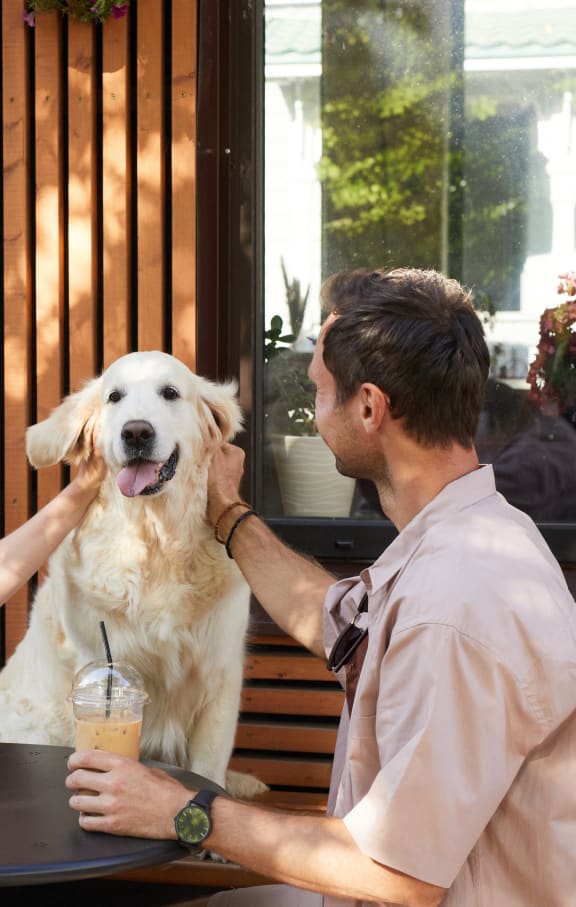 a man and woman sitting at a table with a dog