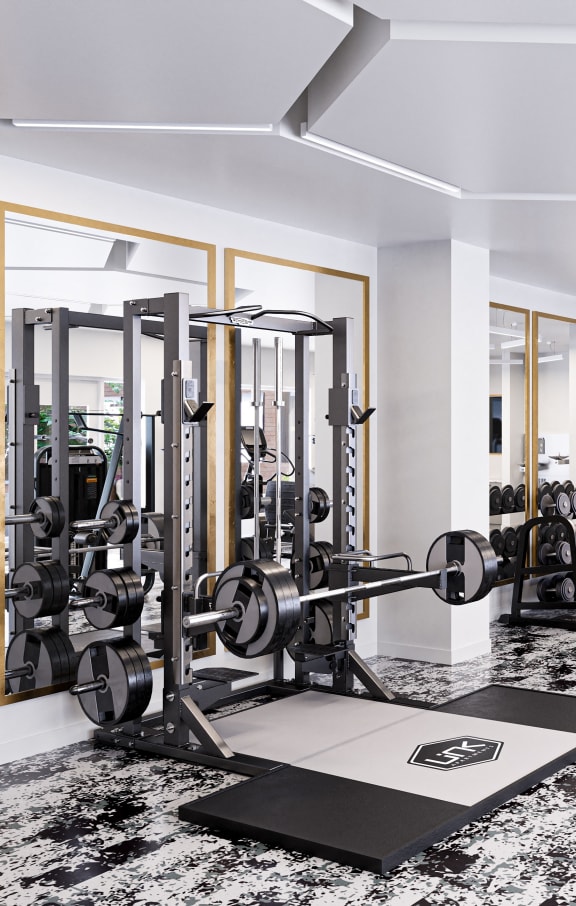 a gym with weights and a tv on the wall and a marble floor at Link Apartments® Calyx, North Carolina