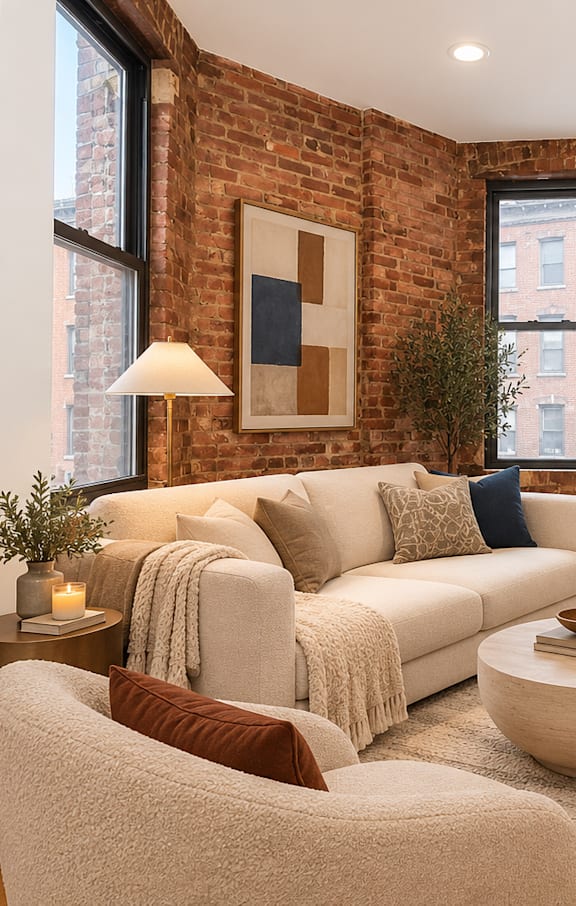 A bedroom with a large bed, a TV, and a window with a view of a cityscape.
