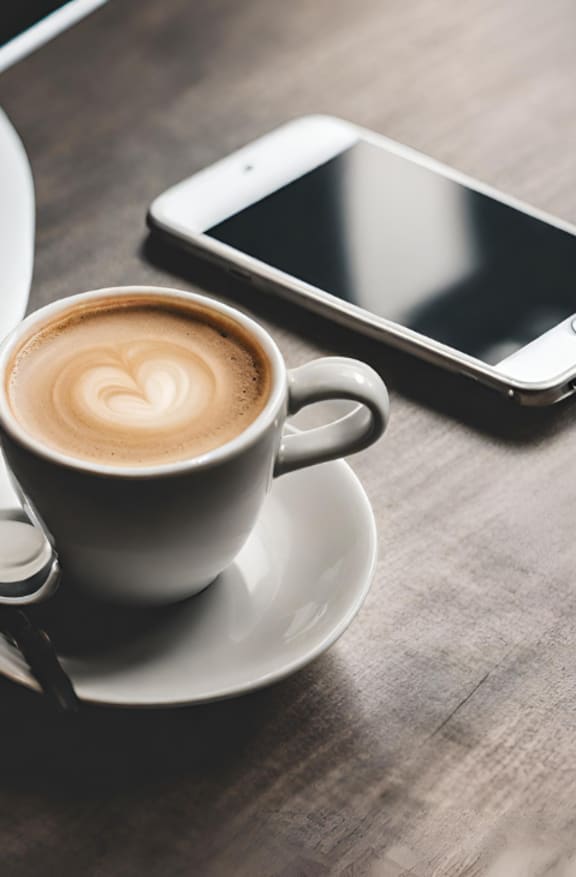 A cup of coffee with a heart design on top sits on a saucer next to a smartphone.