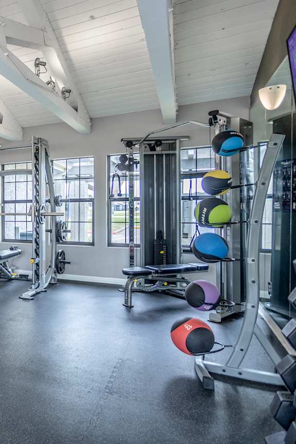 a gym with weights and cardio machines in it