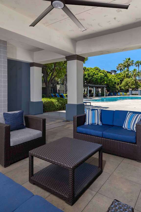 Poolside lounge at Landara Apartments in Ontario CA