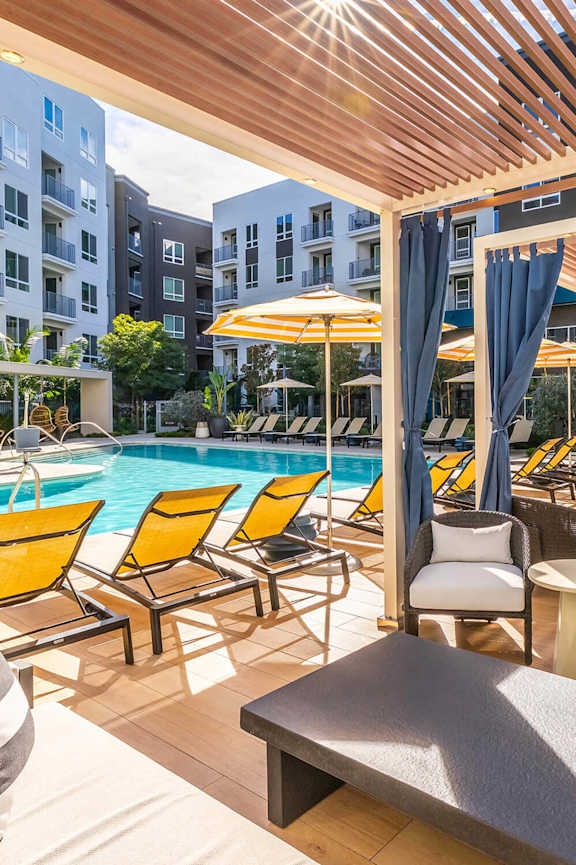 Poolside cabanas at The Wylden in Los Angeles CA