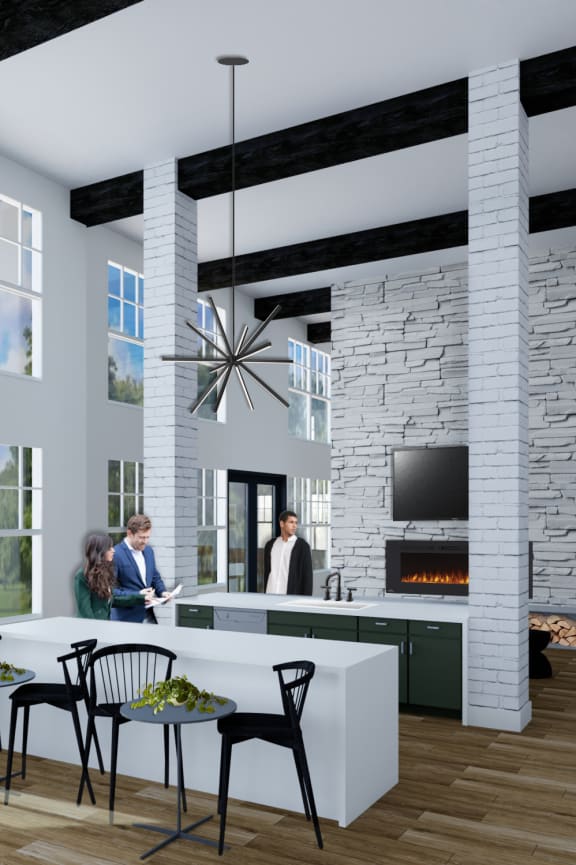 a rendering of the kitchen and dining area of the new home