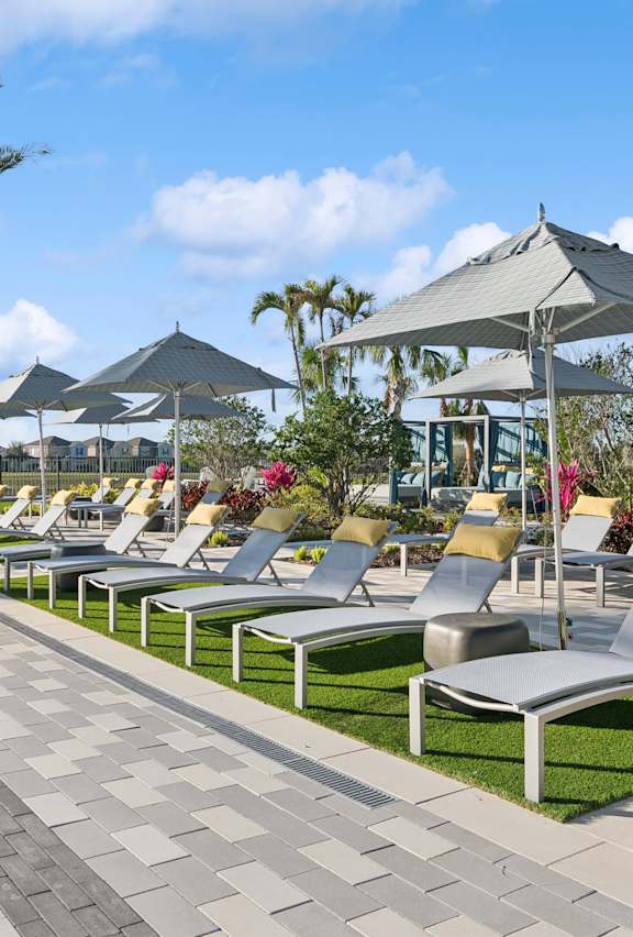 A poolside area with lounge chairs and umbrellas.