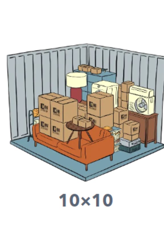 A cartoon image of a storage room with boxes and a couch.