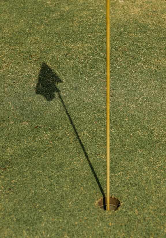 A golf hole with a shadow of a golf club on the ground.