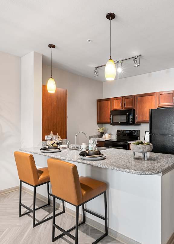 A kitchen with a black refrigerator and brown cabinets.