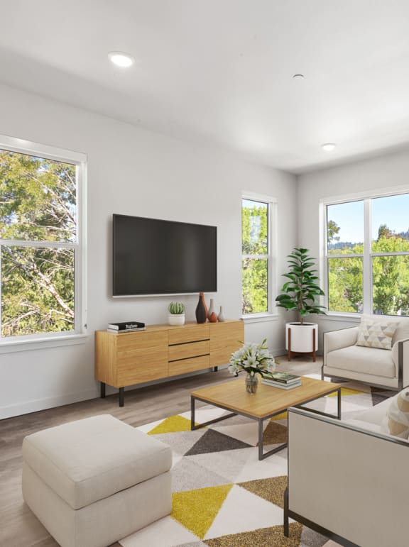 a living room with white walls and a yellow and white rug