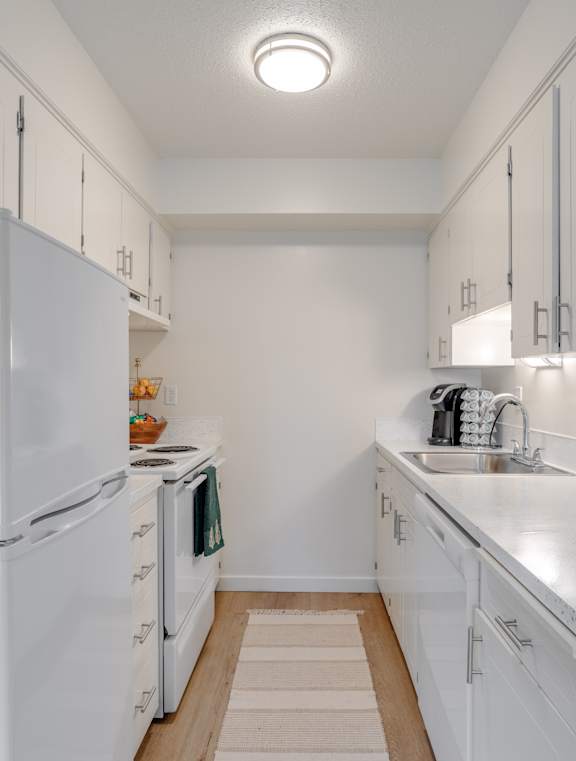A white kitchen with a refrigerator, sink, and cabinets.