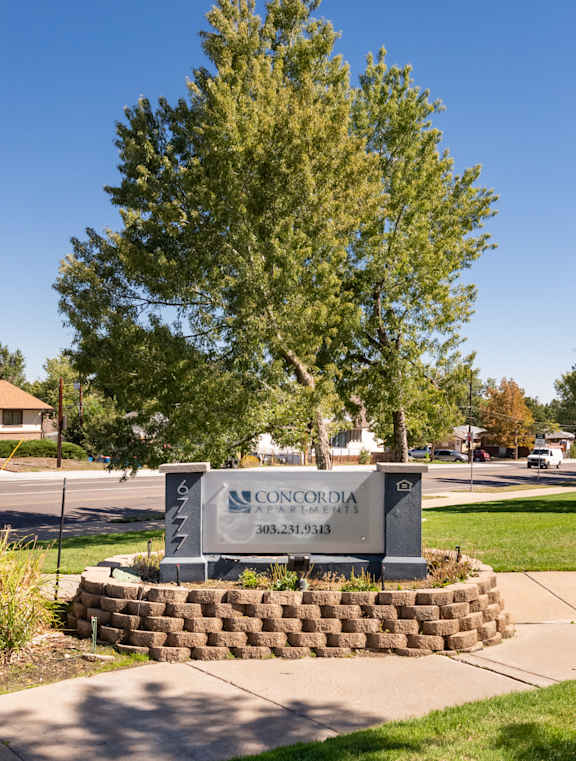 A sign for Concordia with a tree in front of it.