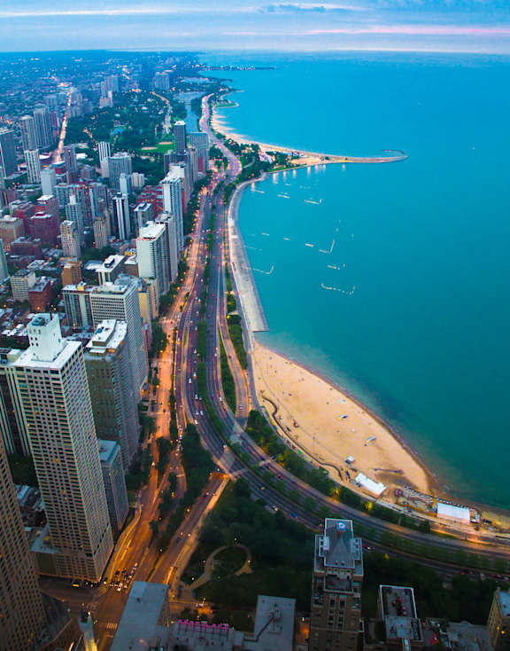 a view of the chicago skyline and lake michigan
