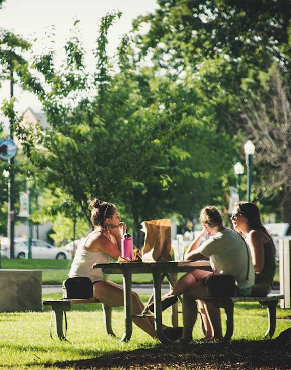 Three women are sitting at a picnic table in a park.
