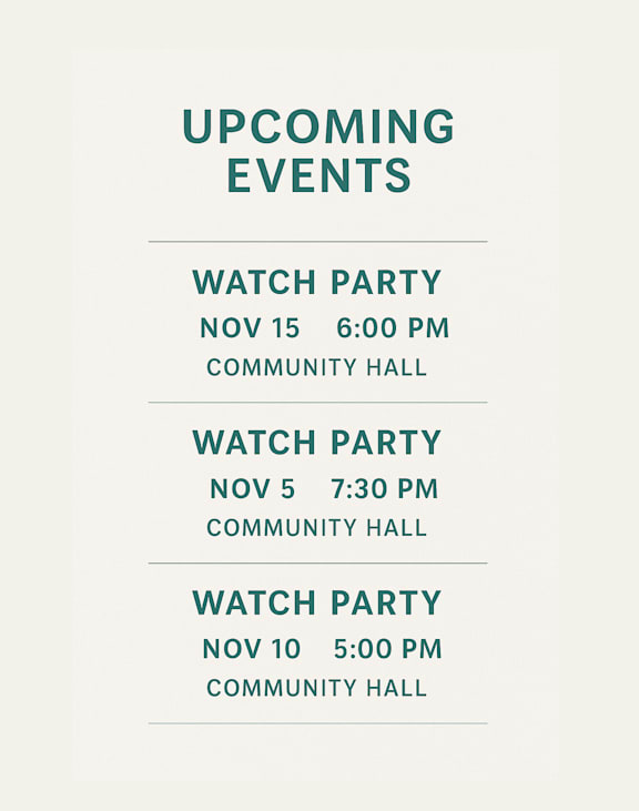 A poster advertising three upcoming watch parties.