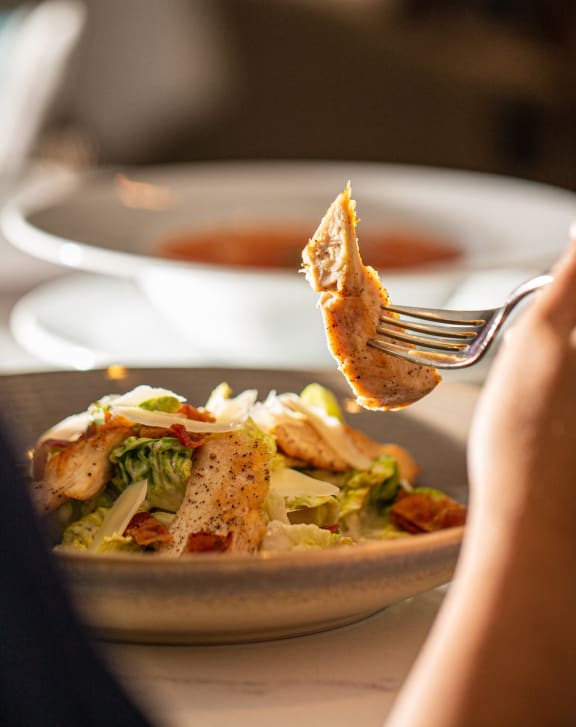 a person eating a plate of food with a fork