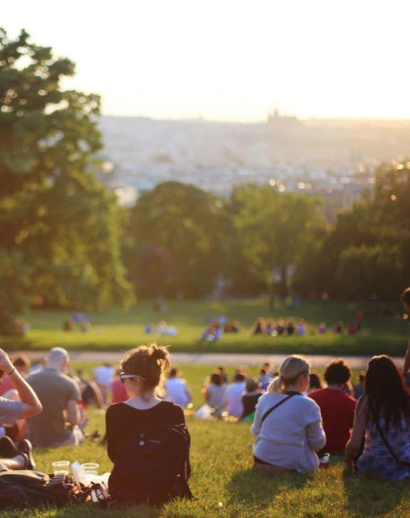 people sitting on the grass in a park
