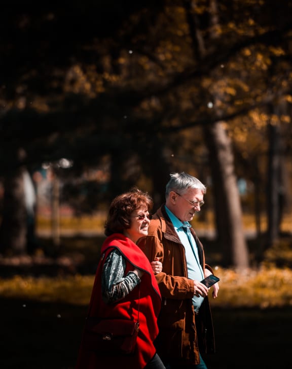 a couple walking in a park