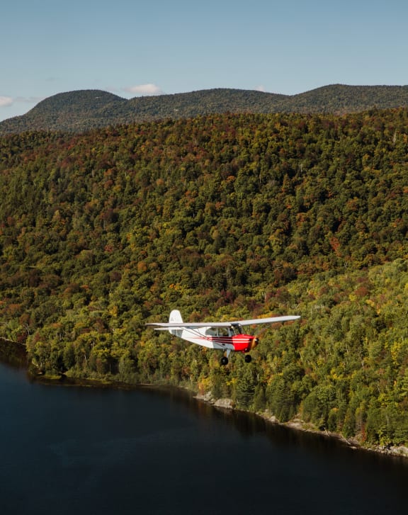 a plane flying over a lake with a forest in the background