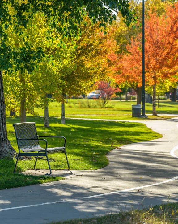 A Park with a Bench and a Path at Proto Apartments, Denver