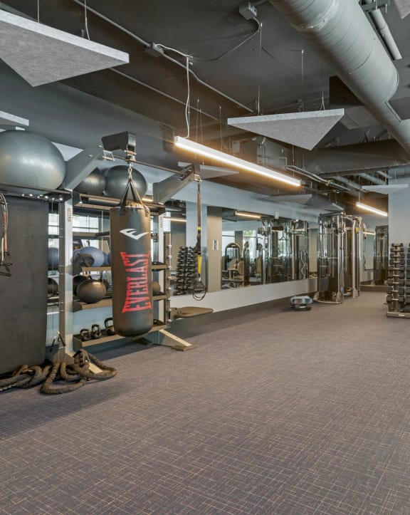 a gym with weights and other exercise equipment in a building  at Vue, San Pedro, CA