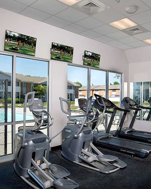 A gym with treadmills and elliptical machines.