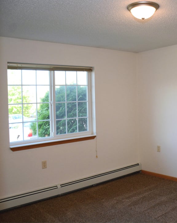 an empty room with a large window and a carpet