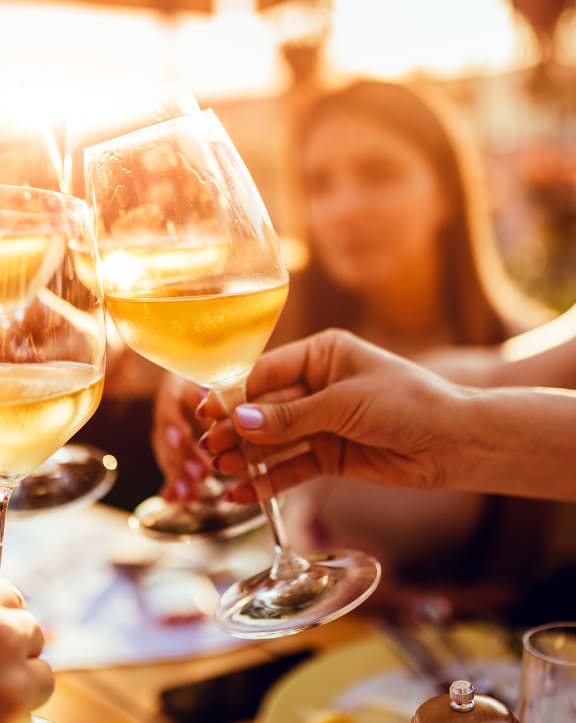people toasting wine glasses at a restaurant