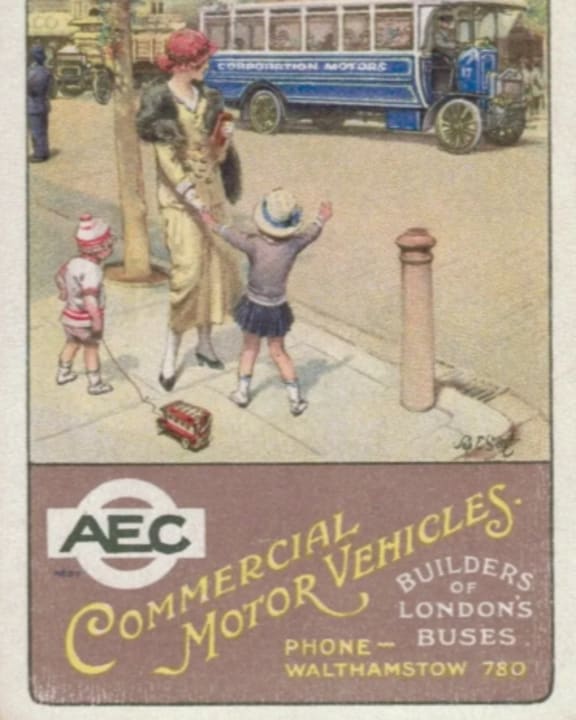 A vintage advertisement for AEC Commercial Motor Vehicles shows a blue bus on a city street.