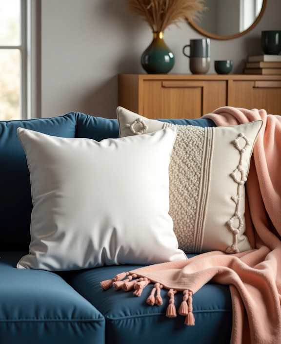 A blue couch with a white pillow and a pink throw blanket on it.