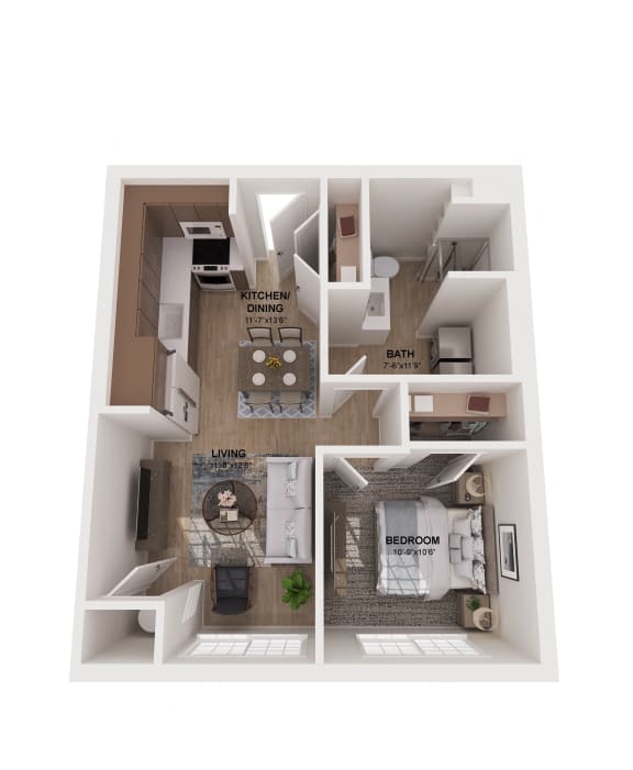 a 3d floor plan of a house with a bedroom and a living room