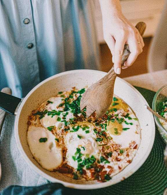 A person is cooking eggs in a pan.