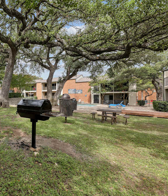 A black mailbox sits in the middle of a grassy area with picnic tables and trees.