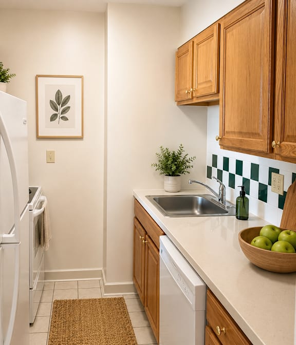 A kitchen with a white fridge and wooden cabinets.